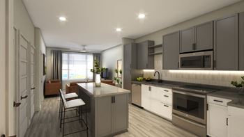 a rendering of a kitchen and living room in a development at Hawkins Press Apartments, Charlotte, NC 28203